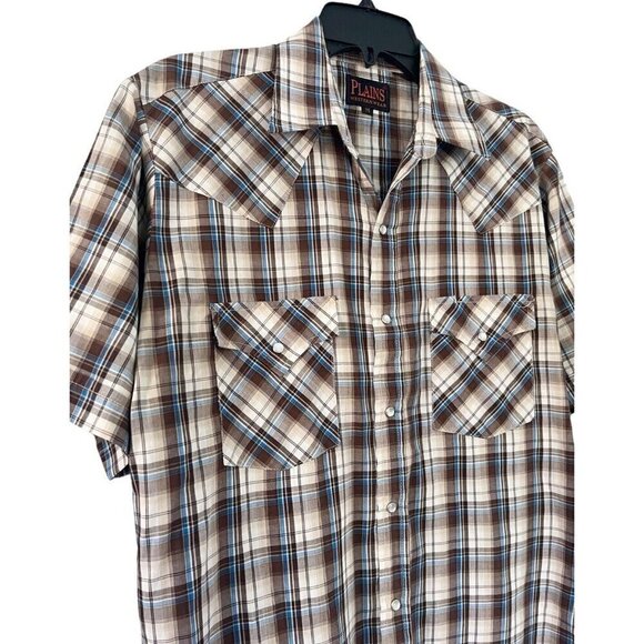 Plains Western Wear Men’s Sz M Brown & Blue Short Sleeve Pearl Snap Shirt - Picture 2 of 8